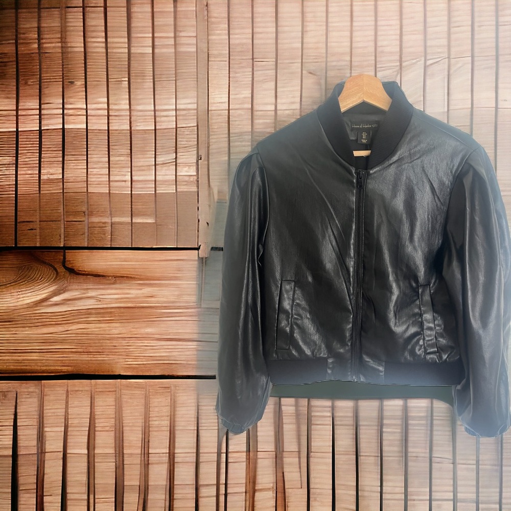 House of Harlow 1960 Faux Leather Bomber Jacket Black Large size